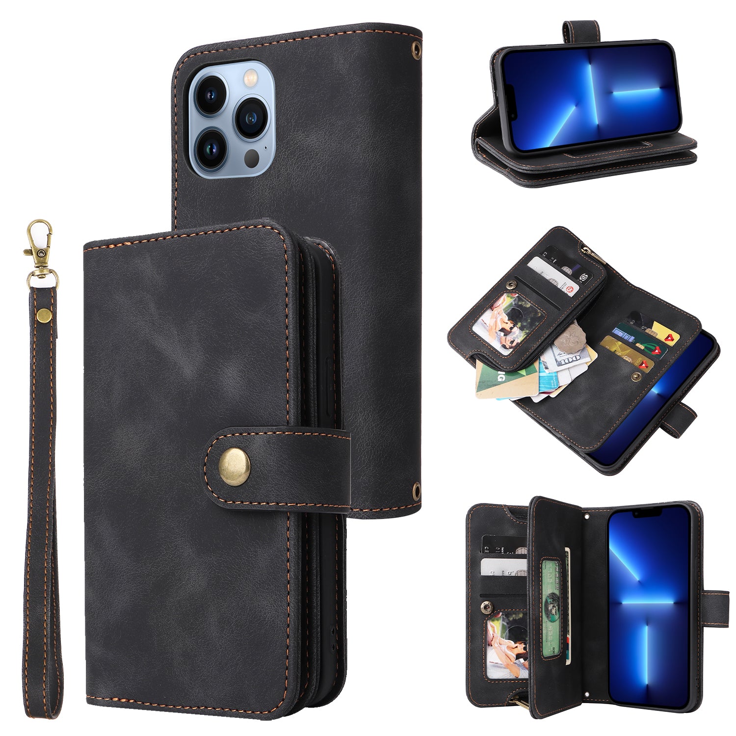 Pouzdro na kapesní telefon se zipem pro iPhone 13 Pro Max Multifunkční kožený kryt na peněženku s popruhy Pouzdro na kapesní telefon se zipem pro iPhone 13 Pro Max Multifunkční kožený kryt na peněženku s popruhy
